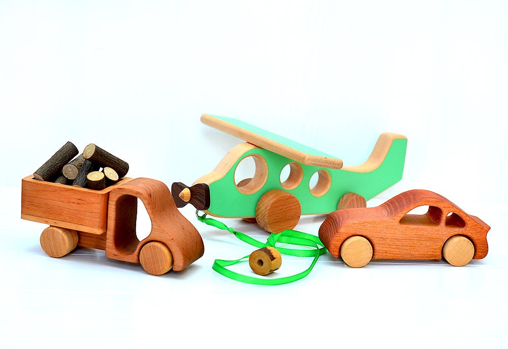 Wooden toys on wheels Set of 3 wood toys Birthday gift for