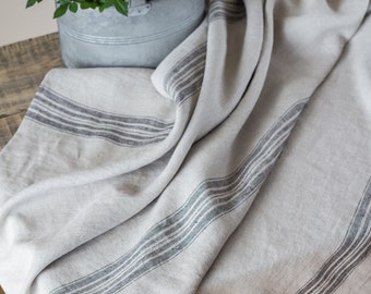 Farmhouse natural rough linen burlap grain sack style French stripe table cloth overlay