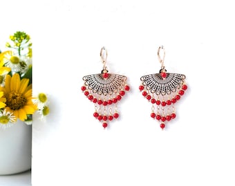 Rose Gold Earrings for Women Coral Earrings Red Earrings with Beads Earring Chandelier Earrings Gold Dangle Earrings for Wife Statement Gift