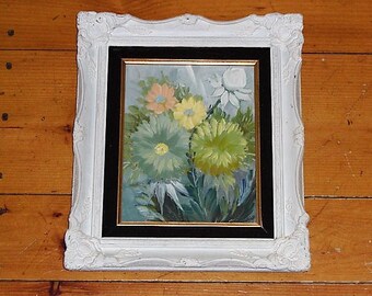 Vintage Floral Oil Painting in Ornate Wood Gesso Frame
