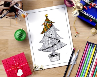 Zentangle inspired Christmas coloring page,Christmas tree coloring for adults,printable coloring,adult coloring book,christmas coloring book