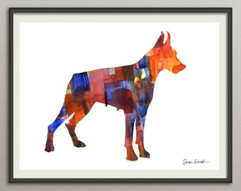 dobermann art print watercolor print silhouette painting print poster wall art decor drawing, dog painting print