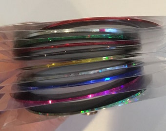 Nail Polish Striping Tape - 10 rolls - Assorted Colors of Striping Tape for Nail Art - Stamping Supplies - Metallic Holo, Colors, Stripes