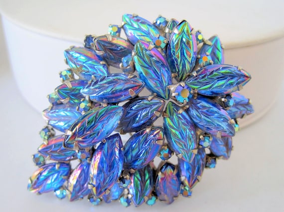Blue Art Glass Brooch, Art Nouveau Style, Feathery Iridescent Rhinestones, Dome Molded Layered Pin