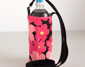 Pink Floral Water Bottle Sling, Pink and Black Water Bottle Holder, Crossbody, Pink, Green, and Black Cotton Fabrics, Handmade