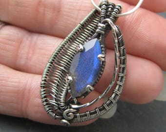 Woven Wire Sterling Silver and Labradorite Pendant - Large Slide Pendant - Oxidized Labradorite Necklace