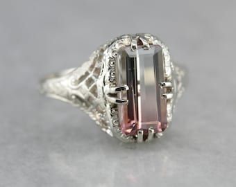 Watermelon Tourmaline Ring, Art Deco Dinner Ring, Tourmaline Ring, White Gold Ring 09163WNW-N