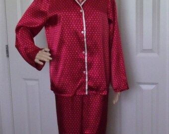Gilligan & O'Malley Satin Pajamas PJs, Sz Medium 2 Piece Red w/White Dots