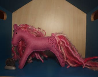 Wool felt art horse- soft dusty pink, hand embroidered spirals and a handspin wool mane.