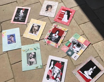 Assorted original digital illustrations mounted on printed paper (fit standard A4 frame)