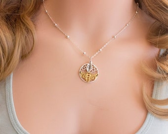 Silver bumble bee necklace, silver bee, gold bee necklace,honeycomb necklace, bee necklace, bumble bee jewelry, sisters necklace, SPBEIN0717