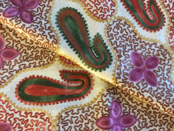 Stole Shawl Wrap in cream with all over paisley design needle point embroidery (Aari work) in colored wool/silk threads. Pure wool.