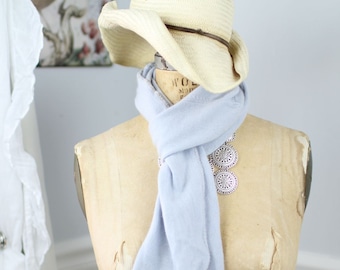 Lush, hand-crocheted scarves made from repurposed cashmere sweaters (in pale blue)