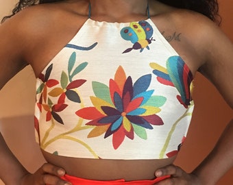 laced back halter top, otomi, small halter top, womens halter, hippie style, colorful top, floral halter, womens small top,