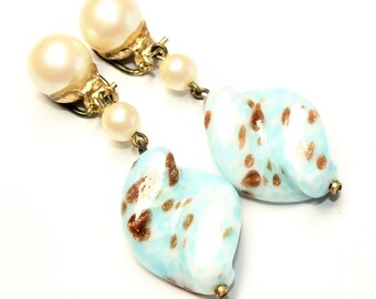 Blue with Golden Flecks and Faux Pearl Dangle Drop Vintage Statement Clip On Earrings (c1960s) - Wedding