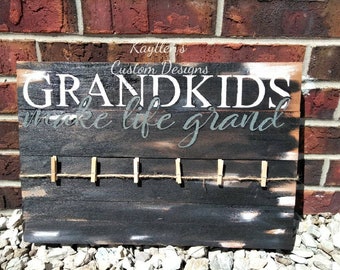 Grandkids Sign Grandchildren Sign~ Grandkids Make Life More Grand Wood Sign~ Grandkids Picture Sign~ Twine Picture Hanger~ Painted Wood Sign