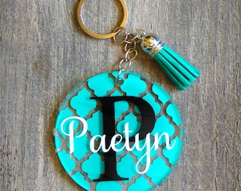 Personalized Monogram Keychain with Tassel, Custom Acrylic Keychain, Glitter Monogram, Quarterfoil name keychain, 2.5" circle keychain