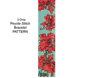 Hibiscus Bracelet Pattern - 2 Drop Peyote Stitch Bracelet Pattern - Hibiscus on Blue