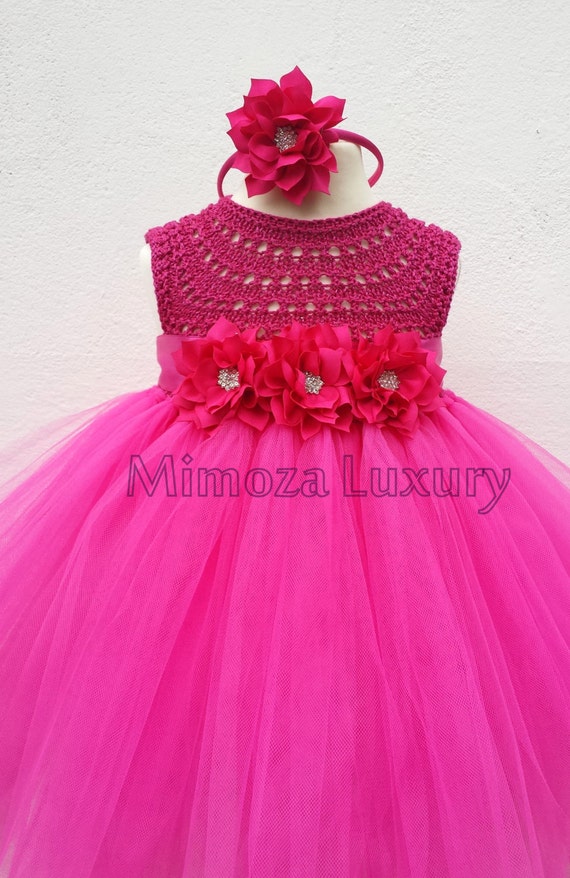 Magenta Flower girl dress, fuchsia tutu dress, magenta bridesmaid dress, magenta princess dress, pink crochet top tulle dress, wedding