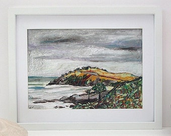 Original Australian Landscape Art Storm Clouds over Headland Modern Oil Pastel Drawing Australian Beach Wall Art Modern A4 Unframed