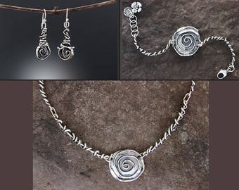 Sterling Silver Jewelry Set - Rose Jewelry - Flower Jewelry - Rose Earrings - Rose Bracelet - Rose Necklace - Flower Earrings - Statement