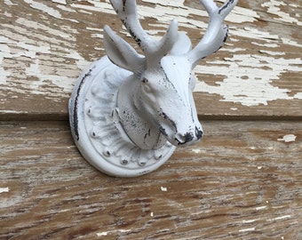 Cast Iron Wall Decor - Deer Head Hook - White Distressed