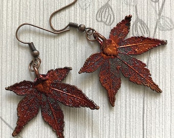 Copper Earrings real Japanese maple leaves