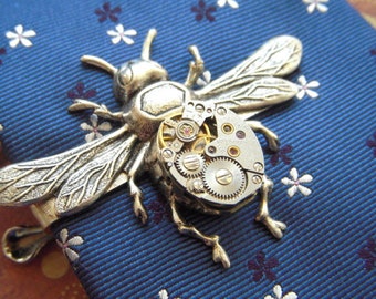 Steampunk Tie Clip Silver Bee Tie Clip Vintage Watch Movement Silver Tie Bar Gothic Victorian Men's Tie Clip Gifts For Him