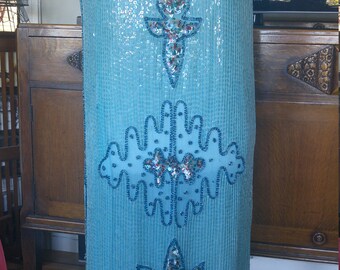 Vintage 1980s does 1920s flapper dress, sequins, turquoise, M