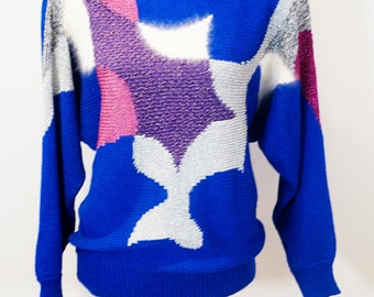 80s Electric Blue Metallic Silver Franco Valeri Angora Knit Abstract Mermaid Fish Tail Dolman Sleeve Sweater