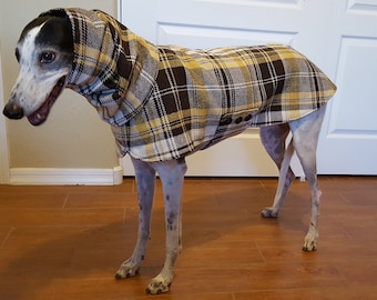 Coat for Greyhound with snood (Small) Plaid fabric, brown, yellow and white. Brown lining