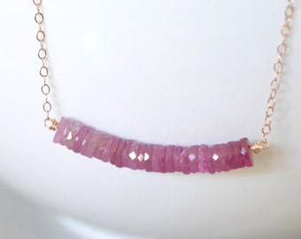 Pink Sapphire Necklace Rose Gold September Birthstone Necklace Ombre Row Gemstone Bar Raspberry Pink Valentines Day