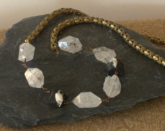 quartz and raw tourmaline on vintage brass snake chain