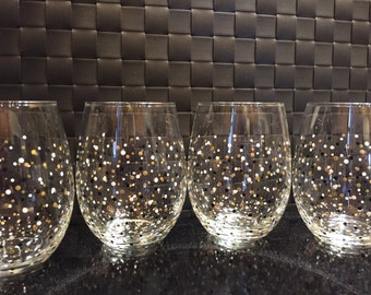 Polka Dot Confetti Stemless Wine Glasses-Set of 4-Black/White/Gold - Ready to Ship!