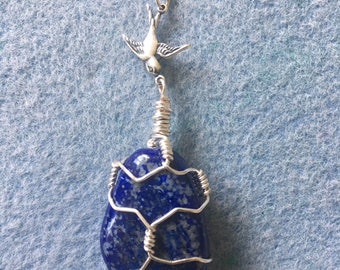 Large Wrapped Lapis Lazuli Pendant on Long Silver Plated Chain, with Swallow