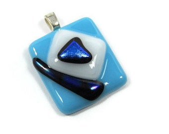 Turquoise White Dichroic Pendant Handmade Fused Glass, Silver