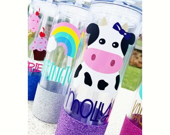 Cow Glitter Tumbler // Kids Cow Tumbler // Cow Glitter Tumbler // Flower Girl Glitter Tumbler // Personalized Kids Water Bottle //