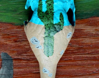 Armadillo rattle - hand-painted real armadillo skull with desert cactus motif for rituals, music and more