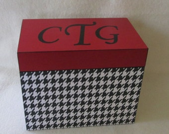 Decoupaged Houndstooth Recipe Box - Red and Black - Wooden Recipe Box - Kitchen Organizer - Storage Box - Keepsake Box - Personalized