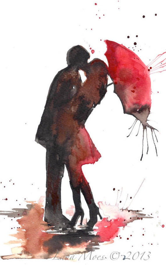 Love Paris Romance Kiss Art Print from Original Watercolor