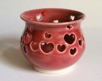 Purple or Mauve Votive Candle Holder or Luminary with Heart Cut-outs - Wheel Thrown Pottery