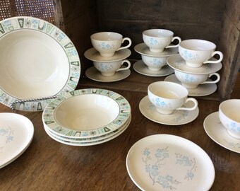 Mid century dish set, mix and match, Taylor Smith, Taylorstone, Cathay, Starburst, aqua, green, gray, retro, atomic