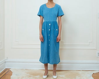 vintage blue denim maxi dress large | eyelet cotton jean dress | long button down slip dress | short sleeve oversized dress | 1980s | 80s
