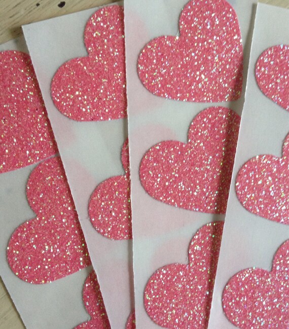 12 Glitter Heart Stickers Pink
