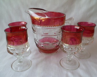 Tiffin King's Crown Cranberry Pitcher and 4 Wine Goblets Thumbnail Beautiful