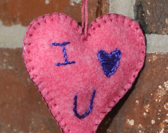 Felt Pink and Purple Heart Ornament I Love You