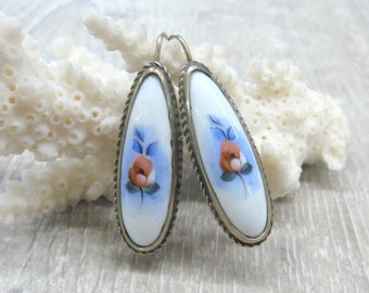 Mother's day gift vintage finift enamel jewelry white Teardrop enamel earrings floral jewelry red poppy purple rose earrings something blue