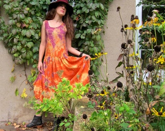 70s Slip Dress Long Midi Sun Dress Bohemian Dress Vintage Orange Purple Hippie Boho Rayon SunDress Grunge Punk 70s 80s Dress Womens Small
