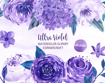 Watercolor Clipart Ultra Violet, purple flower, rose, peony for instant download