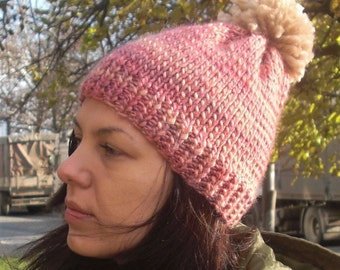 Knit hat hand knit hat pom pom hat knit beanie pom pom beanie winter hat wool hat pink hat